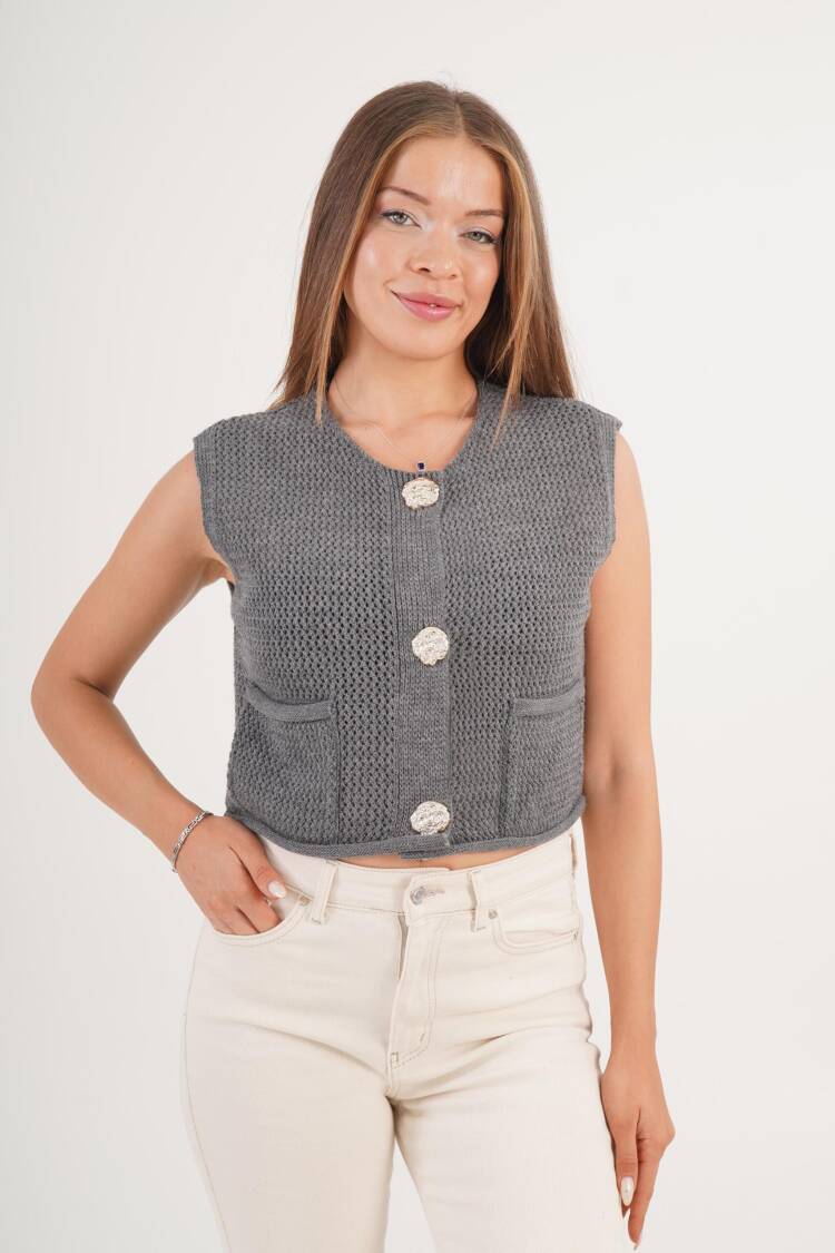 Grey Slim Fit Sleeveless Buttoned Cardigan