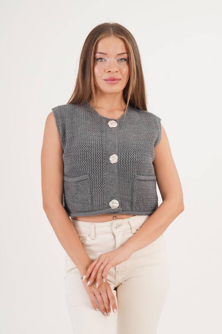 Grey Slim Fit Sleeveless Buttoned Cardigan