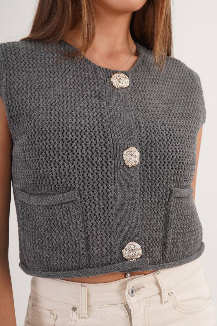 Grey Slim Fit Sleeveless Buttoned Cardigan