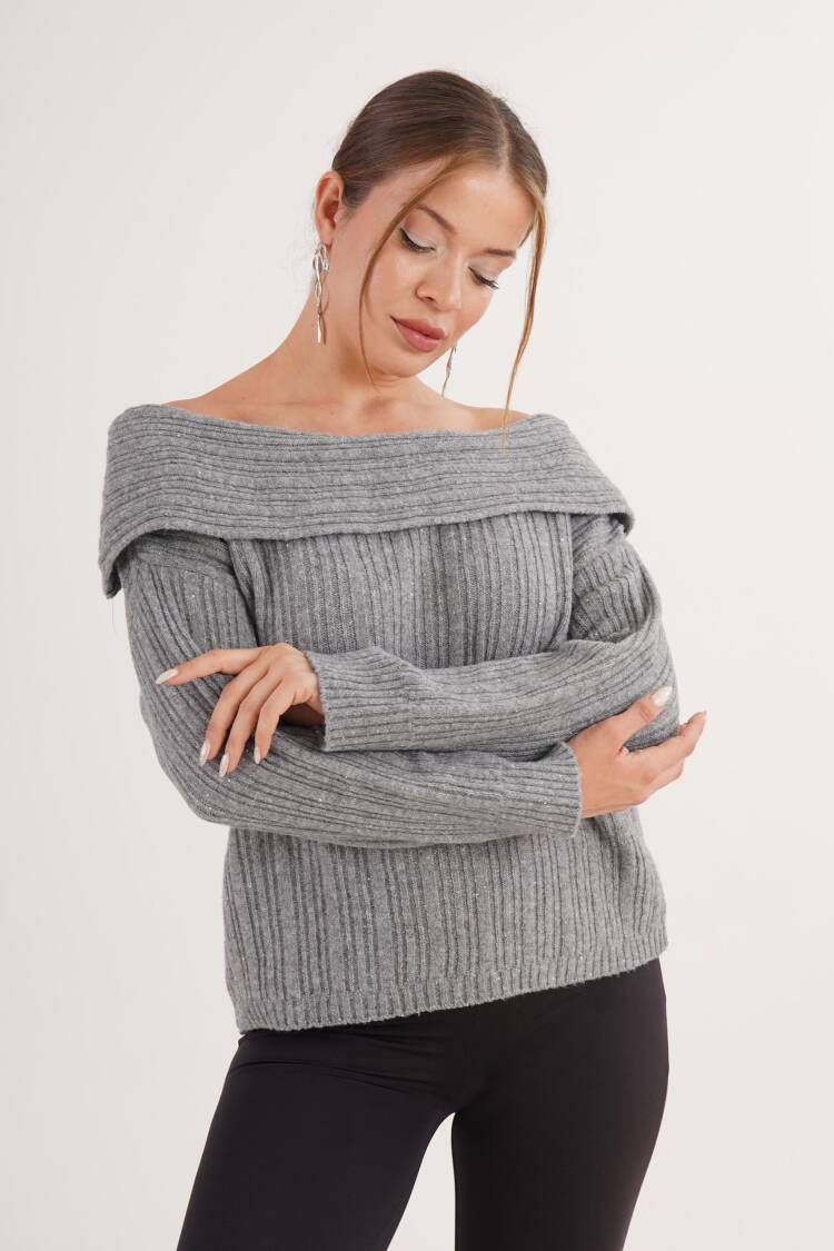 Grey Sweater With Off Shoulder Neck And Long Sleeves - Brand: Lustrin - Women & Kids, Baby Clothes Wholesale - Globality Store