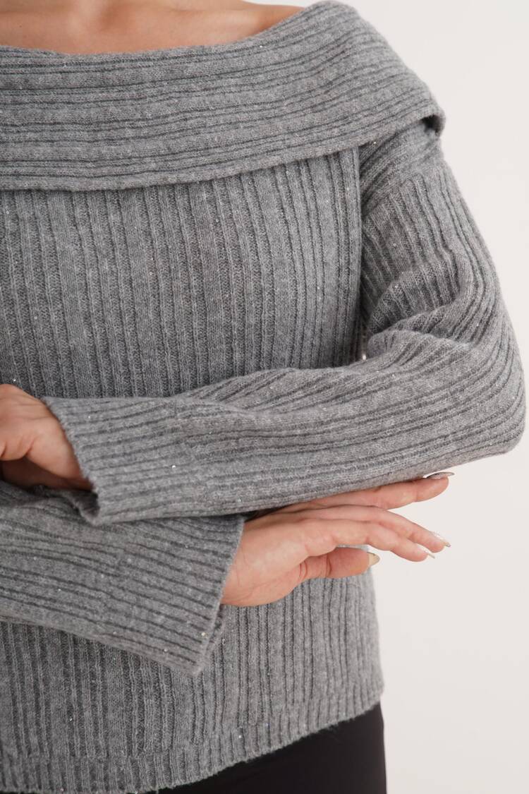 Grey Sweater With Off Shoulder Neck And Long Sleeves