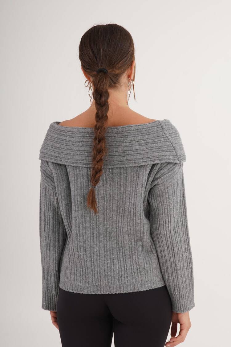 Grey Sweater With Off Shoulder Neck And Long Sleeves