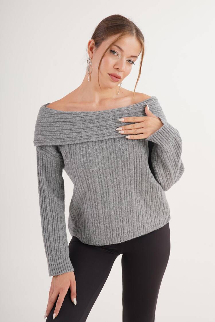 Grey Sweater With Off Shoulder Neck And Long Sleeves