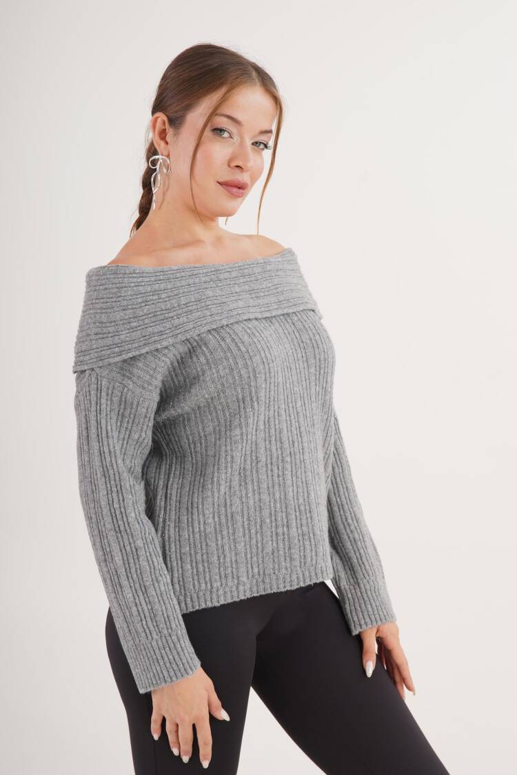 Grey Sweater With Off Shoulder Neck And Long Sleeves