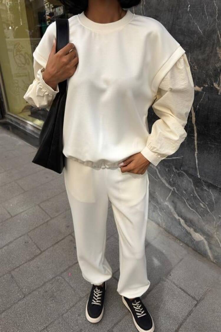 White Casual Set With Jogger Pants & Drawstring