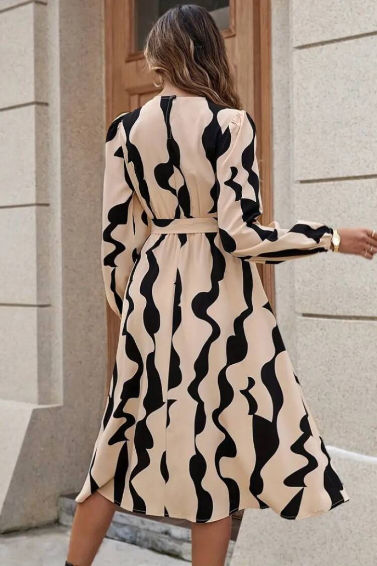 Beige A-Line Elegant Midi Dress With Long Sleeves
