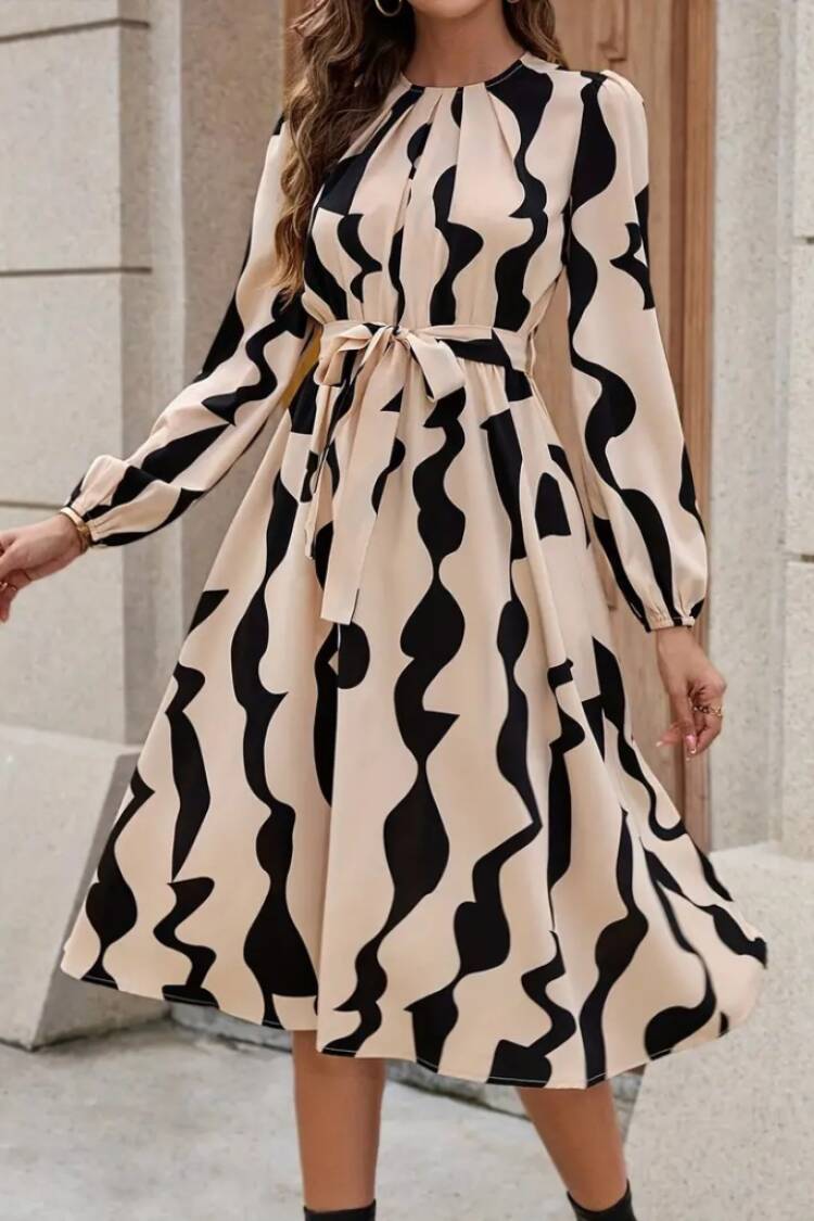 Beige A-Line Elegant Midi Dress With Long Sleeves