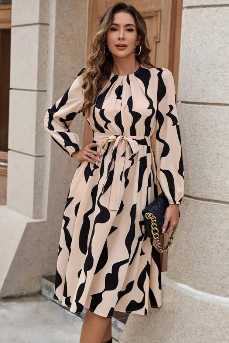 Beige A-Line Elegant Midi Dress With Long Sleeves