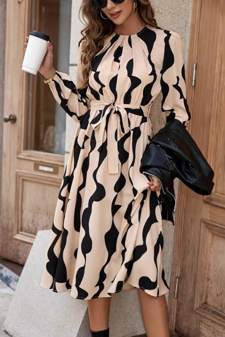 Beige A-Line Elegant Midi Dress With Long Sleeves