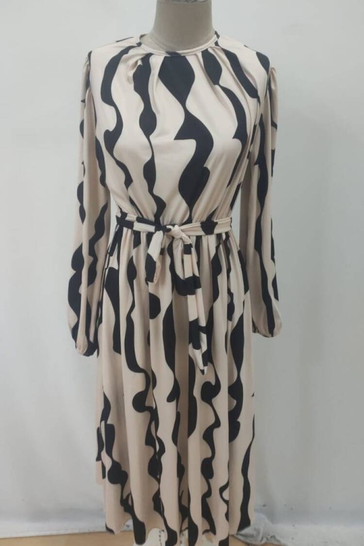 Beige A-Line Elegant Midi Dress With Long Sleeves