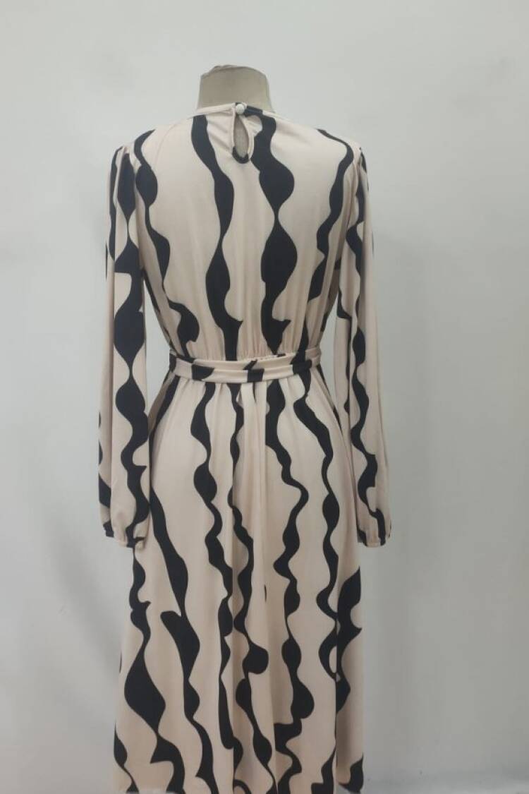 Beige A-Line Elegant Midi Dress With Long Sleeves