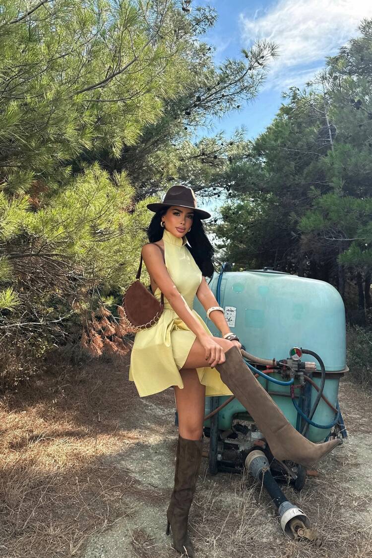 Yellow Fit And Flare Mini Dress With High Neck