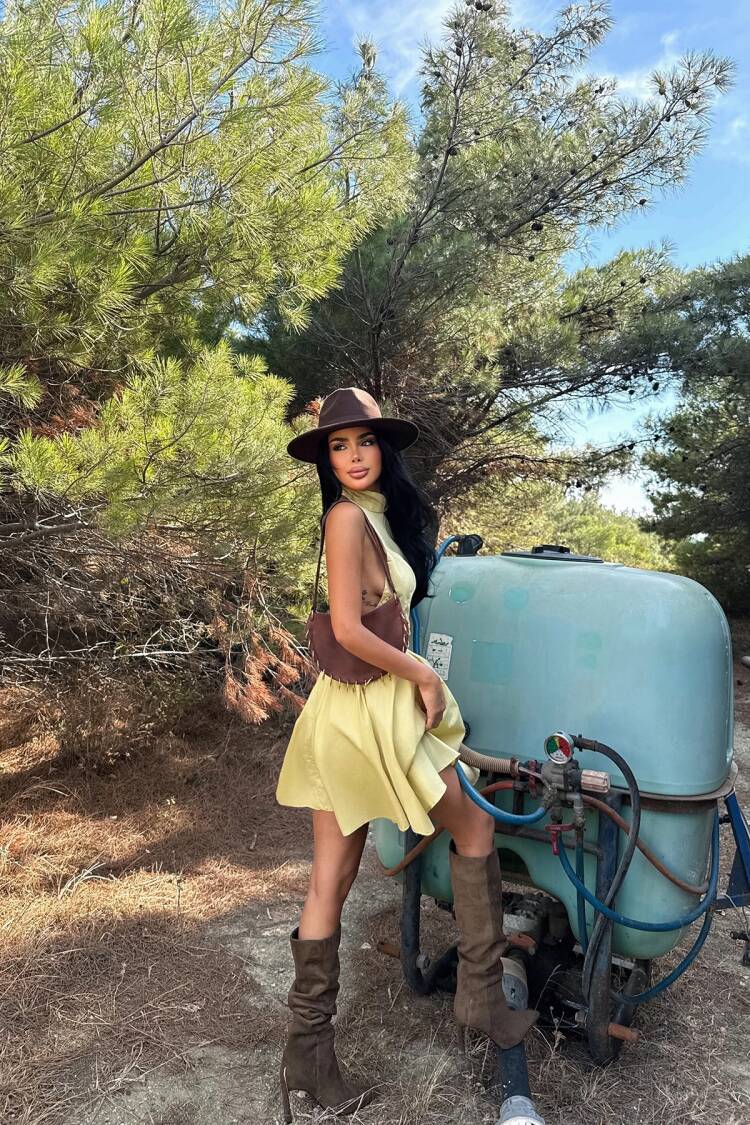 Yellow Fit And Flare Mini Dress With High Neck