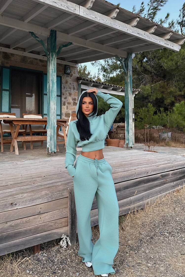 Green Tracksuit Slim Fit Hooded Jogger For Fall & Spring - Brand: EYYO ATELIER - Women & Kids, Baby Clothes Wholesale - Globality Store
