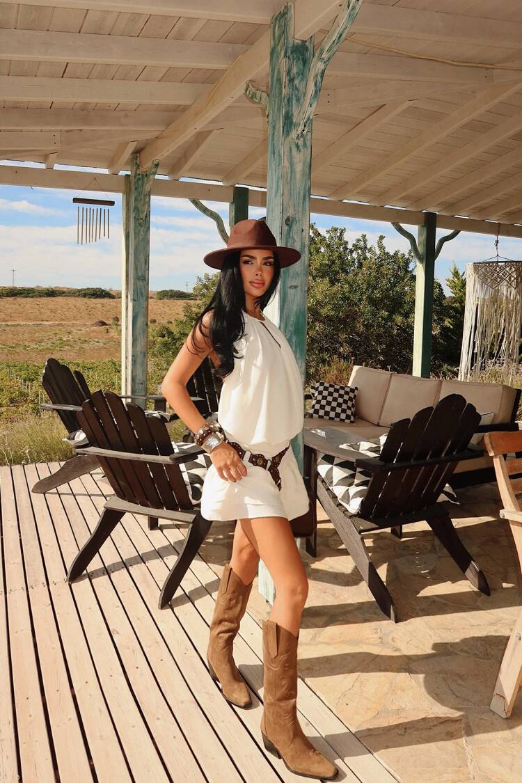 White Boho Babydoll Mini Dress With Halter Neck