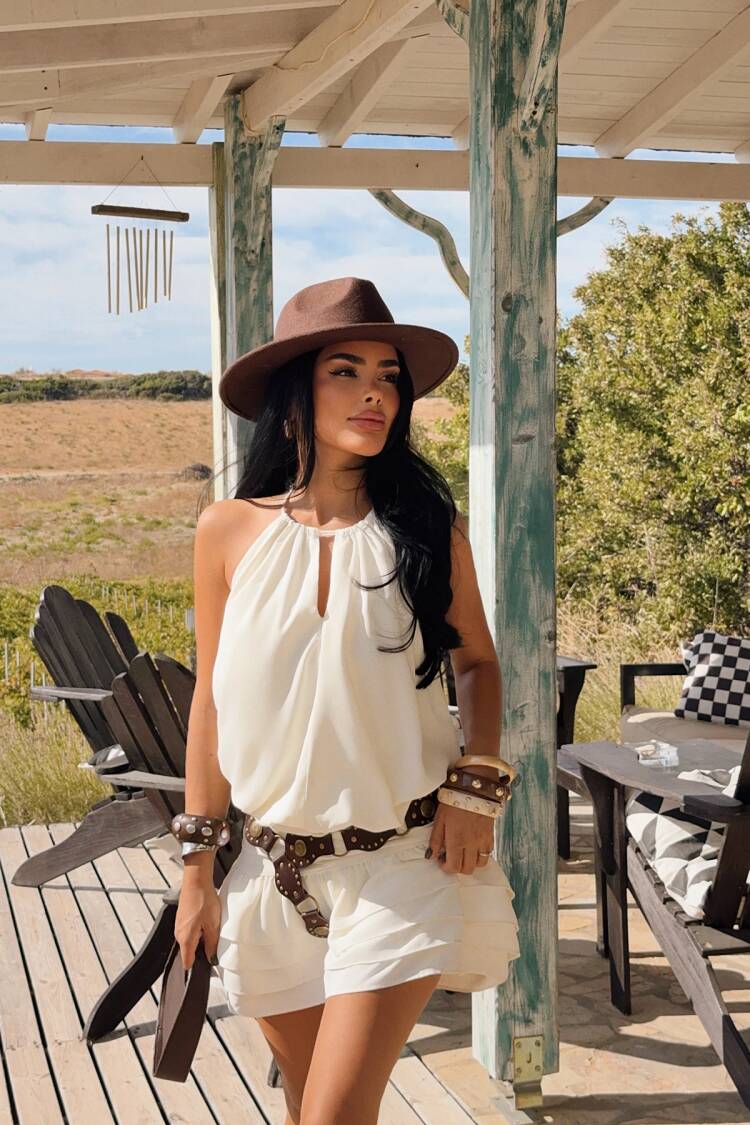 White Boho Babydoll Mini Dress With Halter Neck