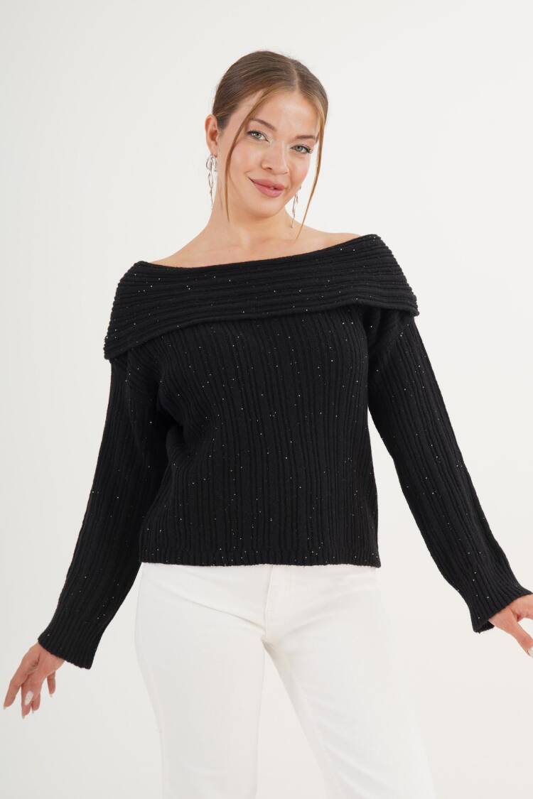 Sweater With Sequined Off Shoulder Neck