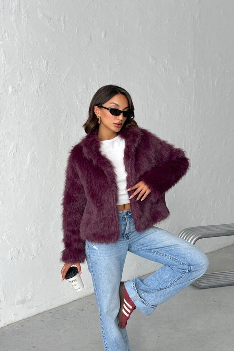 Purple Fur Jacket With Notched Collar