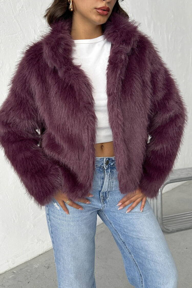 Purple Fur Jacket With Notched Collar