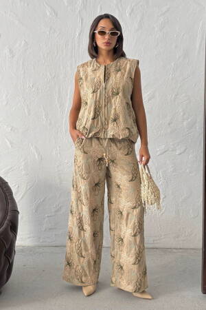 Beige Palazzo Pants With Floral Pattern And Drawstring - Brand: Topshow - Women & Kids, Baby Clothes Wholesale - Globality Store