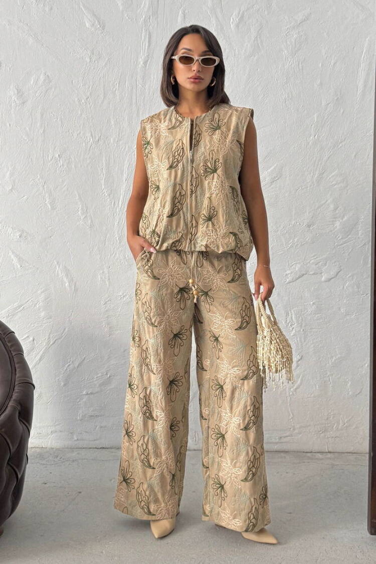 Beige Palazzo Pants With Floral Pattern And Drawstring - Brand: Topshow - Women & Kids, Baby Clothes Wholesale - Globality Store
