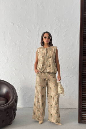 Beige Palazzo Pants With Floral Pattern And Drawstring - Brand: Topshow - Women & Kids, Baby Clothes Wholesale - Globality Store
