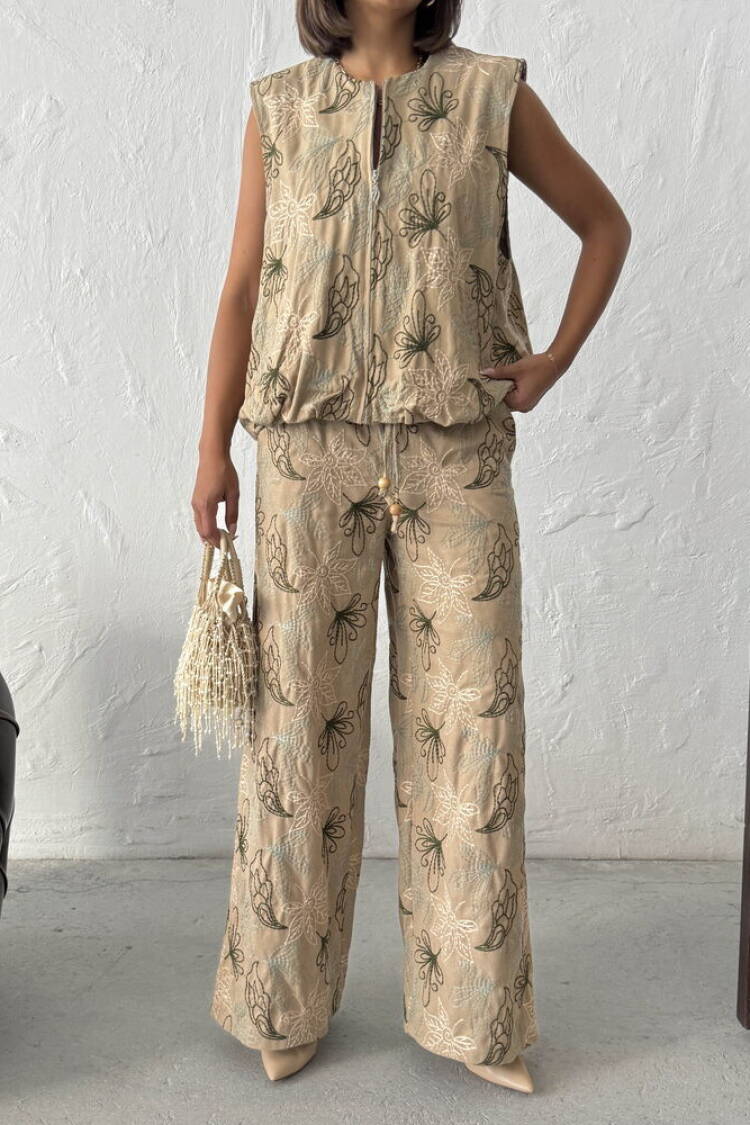 Beige Palazzo Pants With Floral Pattern And Drawstring