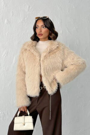 Beige Fur Crop Jacket With Notched Collar - Elegant & Glam - Brand: Topshow - Women & Kids, Baby Clothes Wholesale - Globality Store