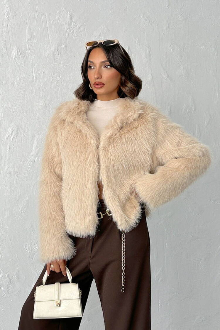 Beige Fur Crop Jacket With Notched Collar - Elegant & Glam - Brand: Topshow - Women & Kids, Baby Clothes Wholesale - Globality Store