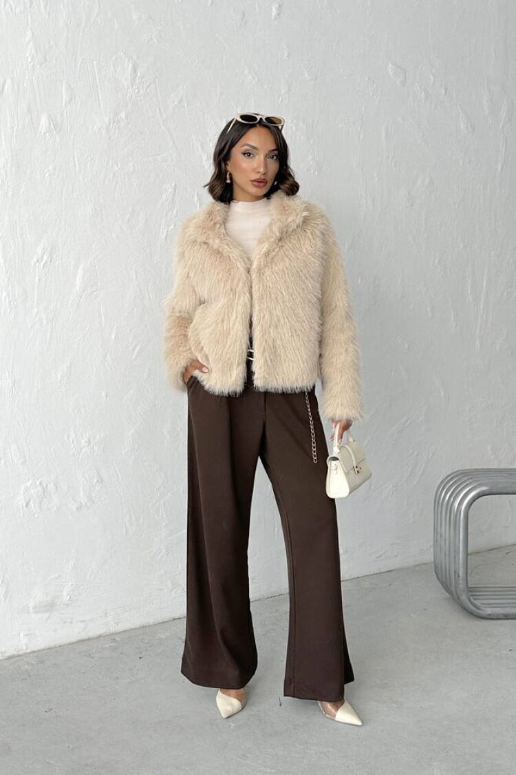 Beige Fur Crop Jacket With Notched Collar - Elegant & Glam