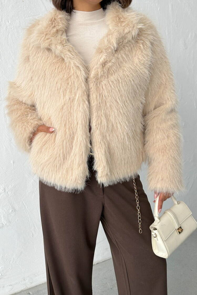 Beige Fur Crop Jacket With Notched Collar - Elegant & Glam