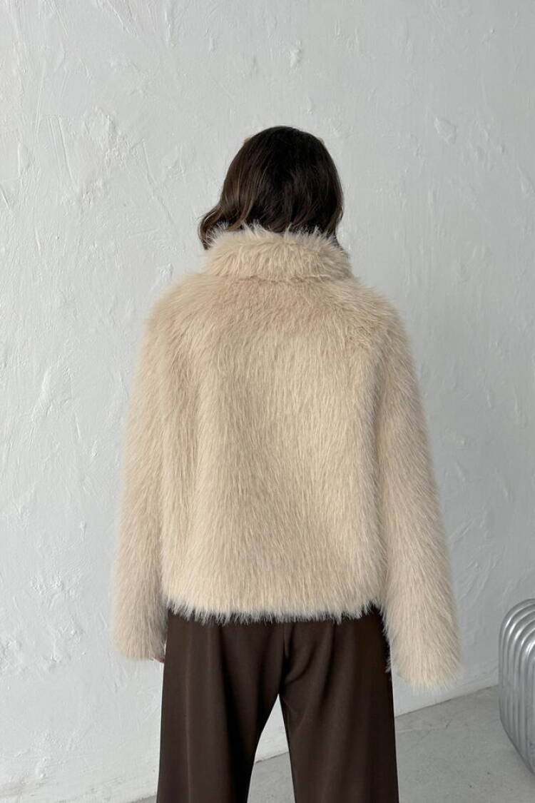 Beige Fur Crop Jacket With Notched Collar - Elegant & Glam