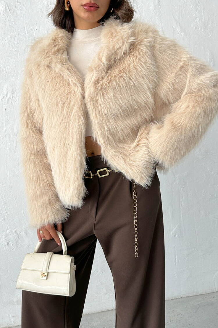 Beige Fur Crop Jacket With Notched Collar - Elegant & Glam