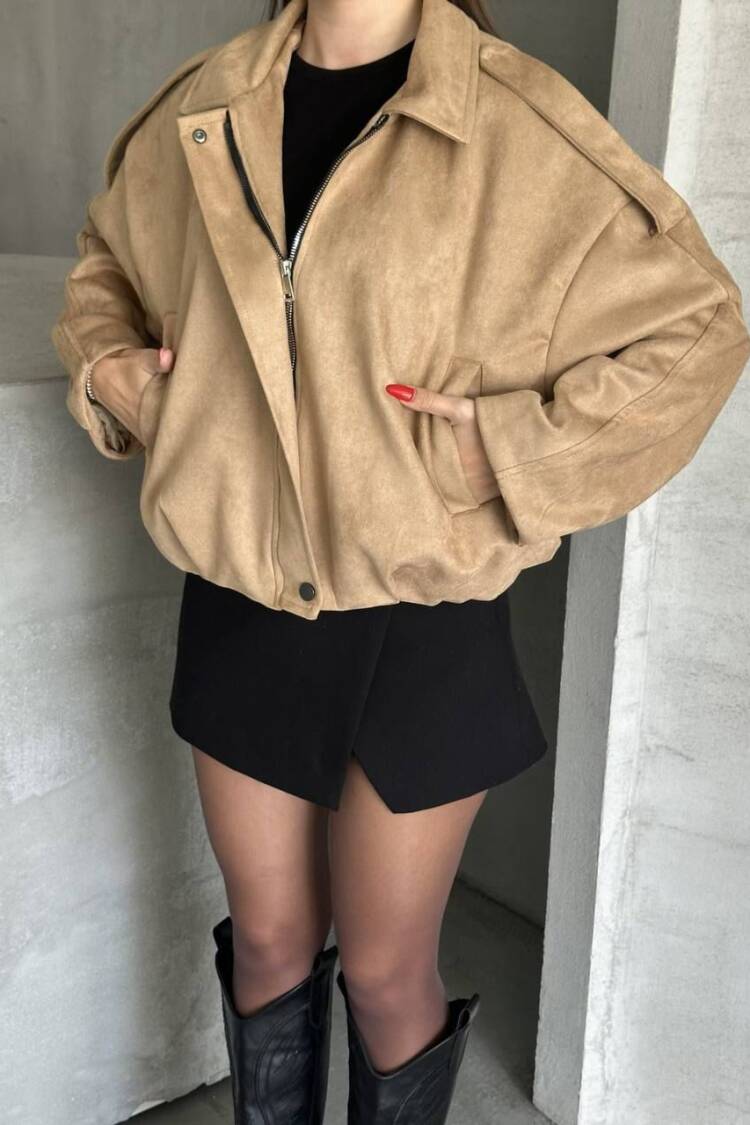 Beige Bomber Jacket Oversized Zip Up Crop