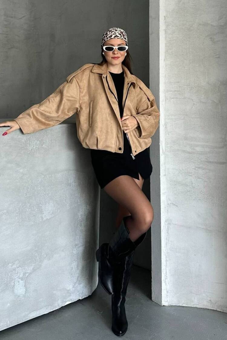 Beige Bomber Jacket Oversized Zip Up Crop - Brand: My Jest Fashion - Women & Kids, Baby Clothes Wholesale - Globality Store