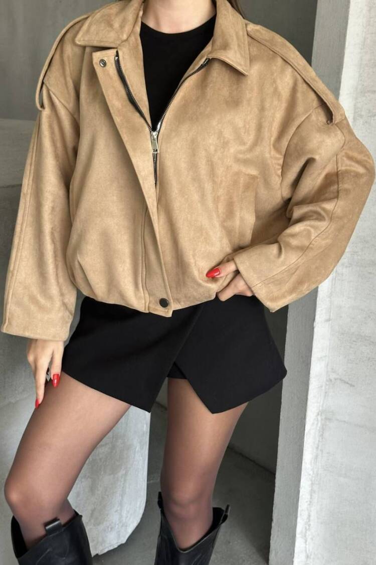 Beige Bomber Jacket Oversized Zip Up Crop