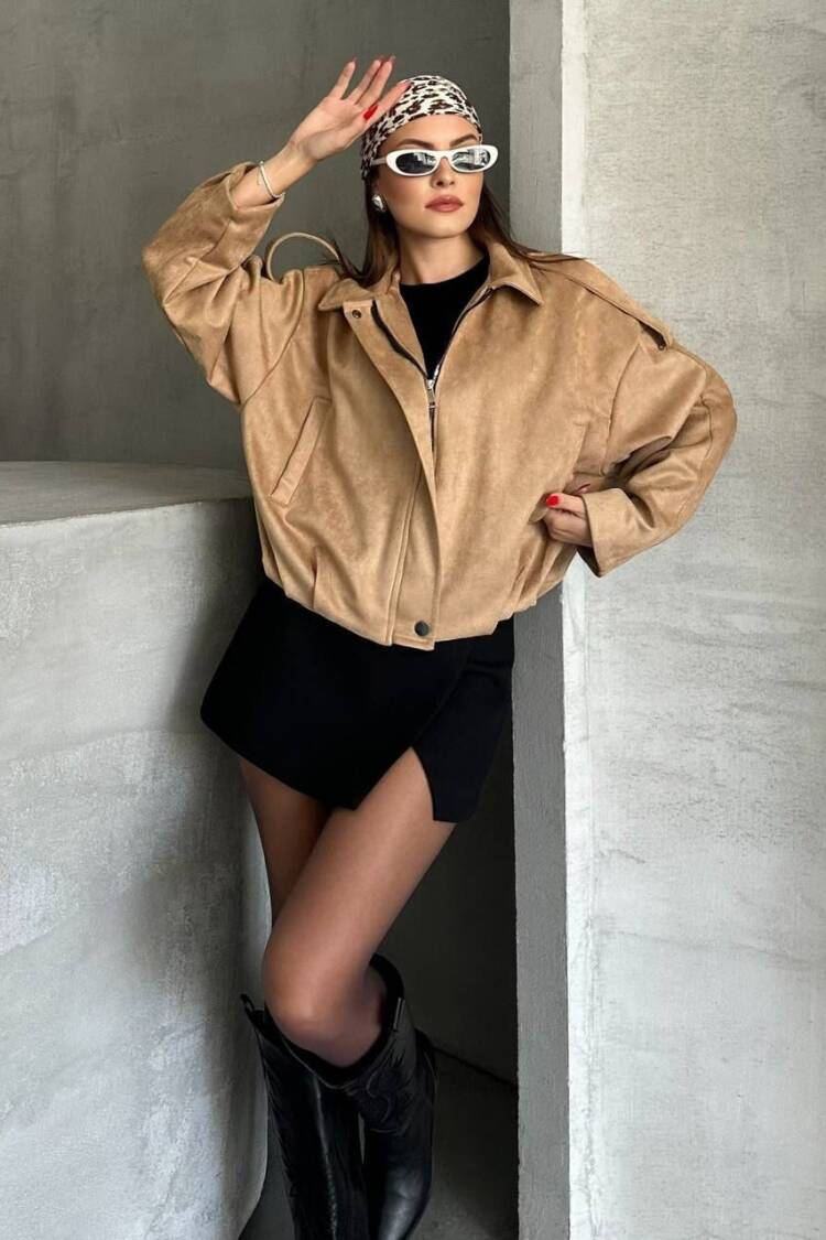 Beige Bomber Jacket Oversized Zip Up Crop
