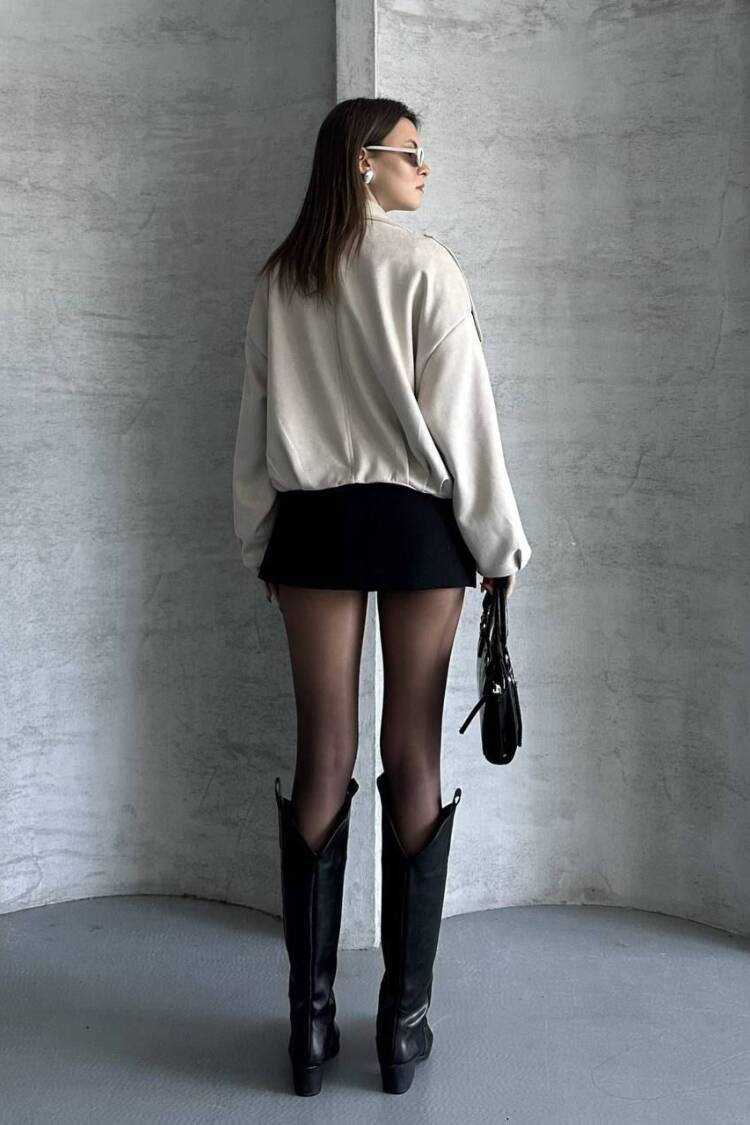 Beige Bomber Jacket With Point Collar And Zip Up Closure