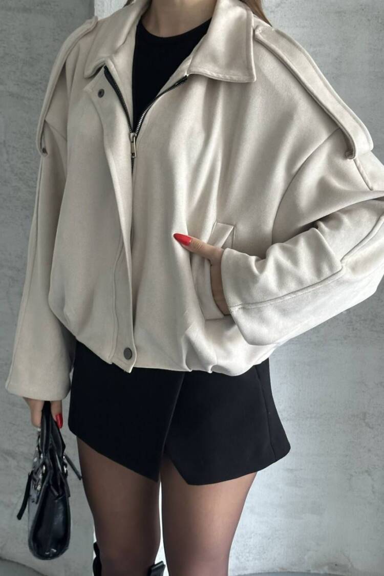 Beige Bomber Jacket With Point Collar And Zip Up Closure