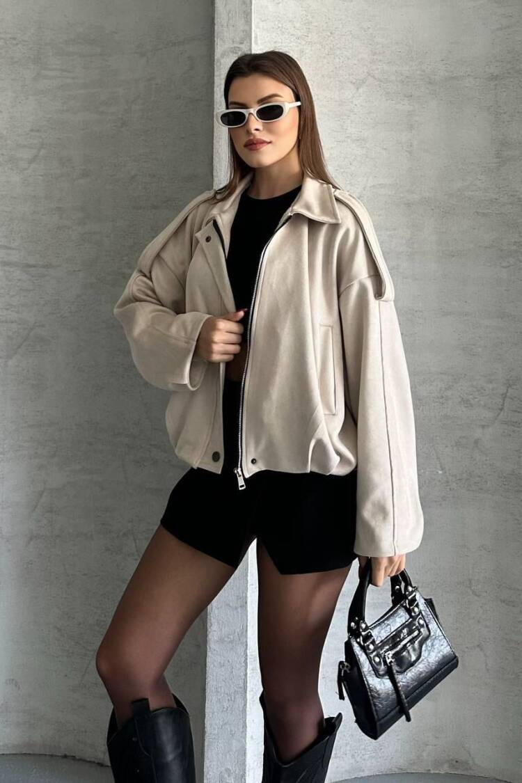 Beige Bomber Jacket With Point Collar And Zip Up Closure
