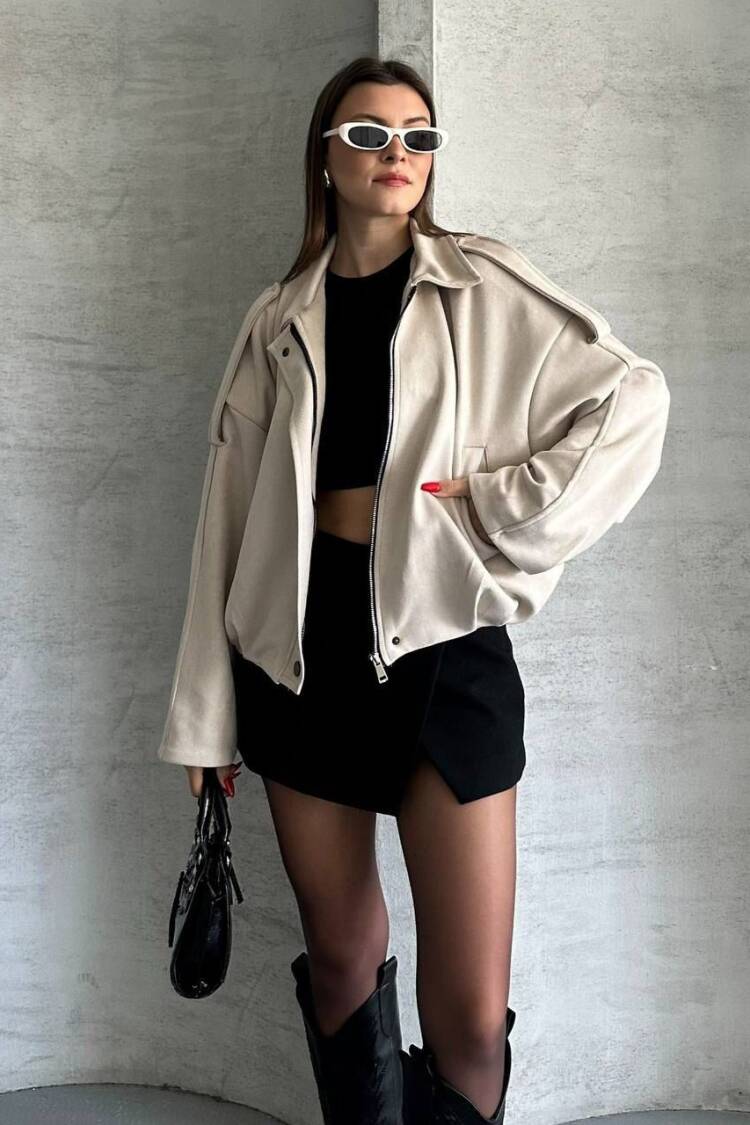Beige Bomber Jacket With Point Collar And Zip Up Closure