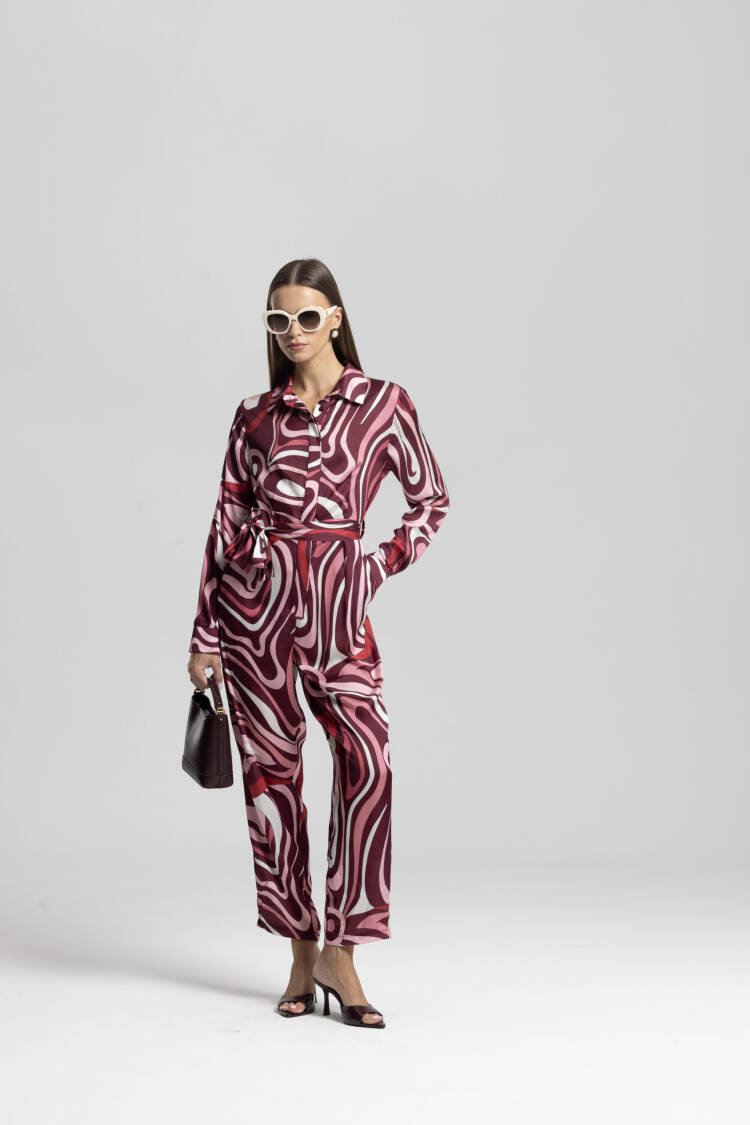 Red Retro Marble Shirt Jumpsuit