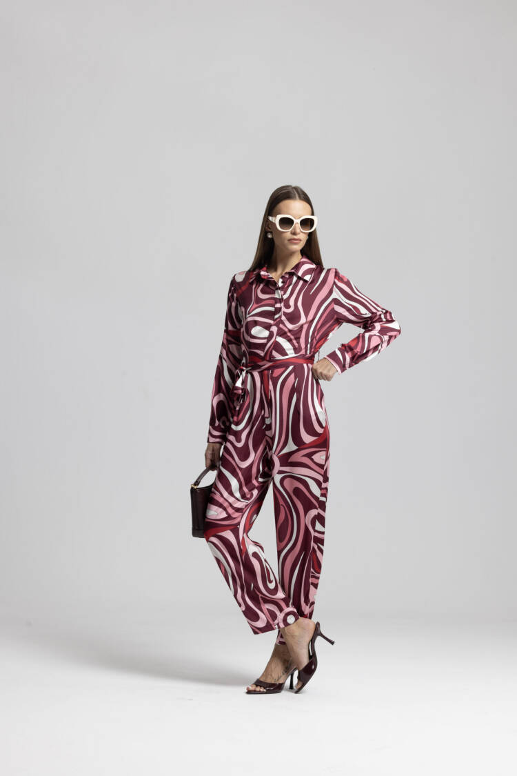 Red Retro Marble Shirt Jumpsuit