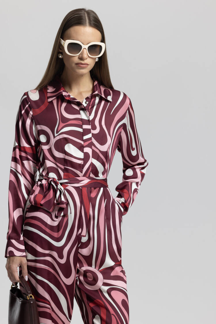Red Retro Marble Shirt Jumpsuit