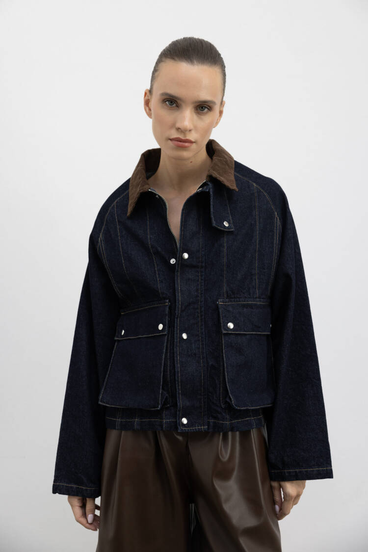 Navy Blue Trucker Jacket  Casual Streetwear Oversized Fit - Brand: Cream Rouge - Women & Kids, Baby Clothes Wholesale - Globality Store