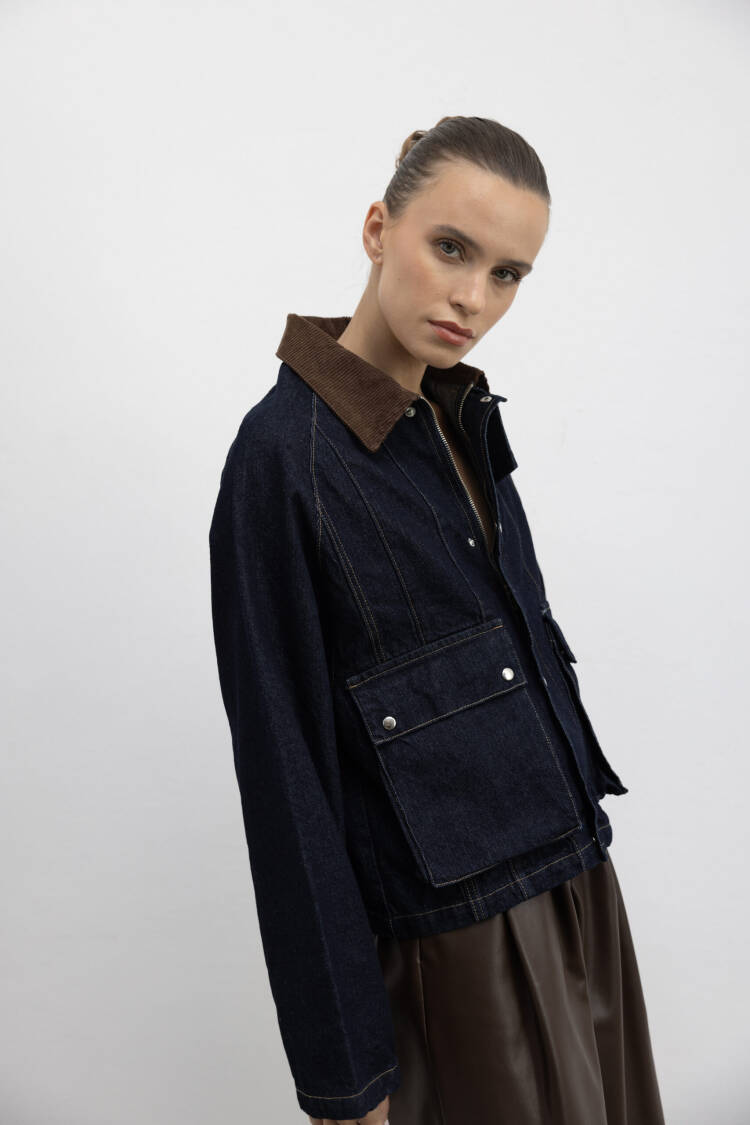 Navy Blue Trucker Jacket  Casual Streetwear Oversized Fit