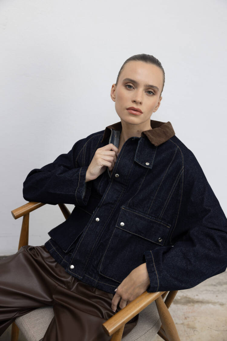 Navy Blue Trucker Jacket  Casual Streetwear Oversized Fit