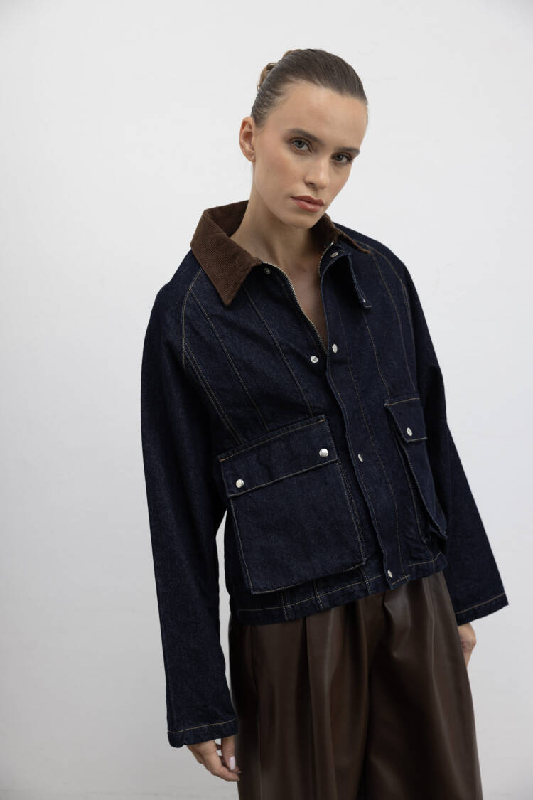 Navy Blue Trucker Jacket  Casual Streetwear Oversized Fit