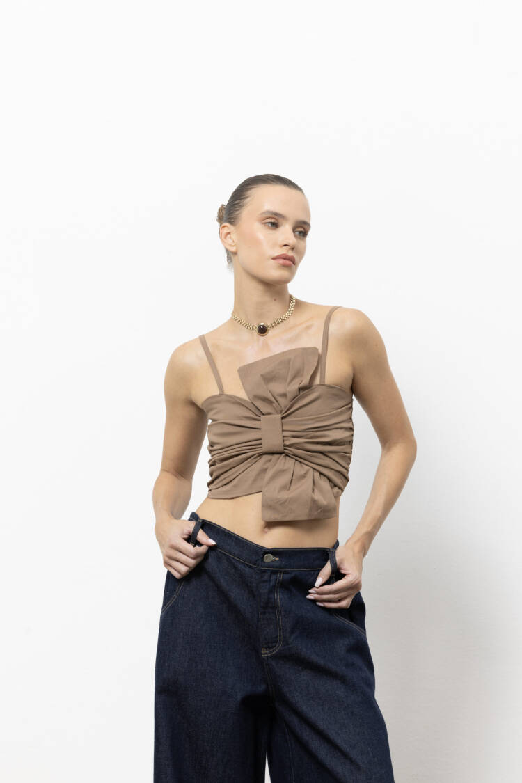 Khaki Crop Top Slim Fit Strapless Cap Sleeve