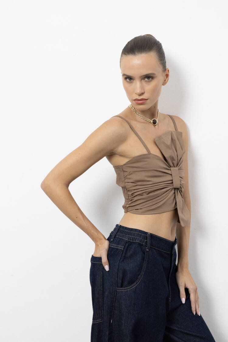 Khaki Crop Top Slim Fit Strapless Cap Sleeve